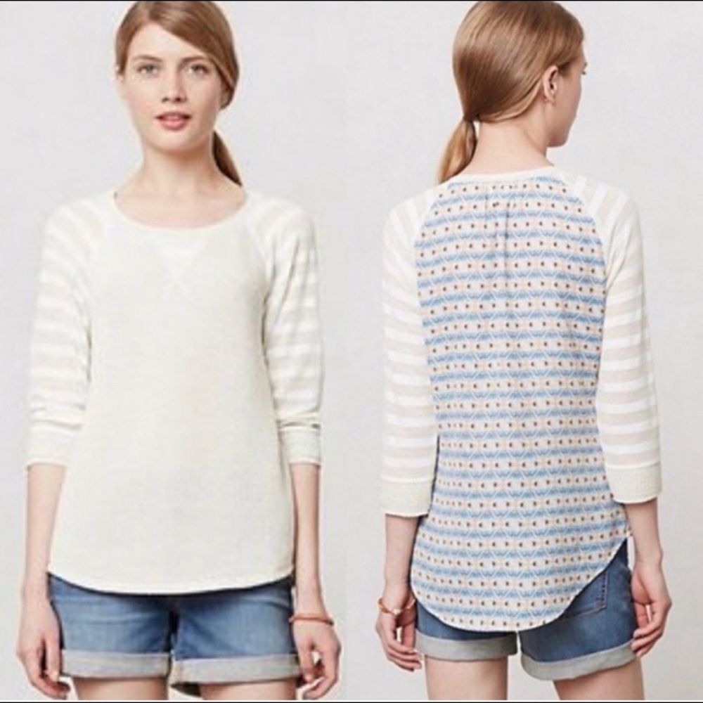 Anthropologie Cream & Light Blue Striped Back-Panel Crewneck Sweater